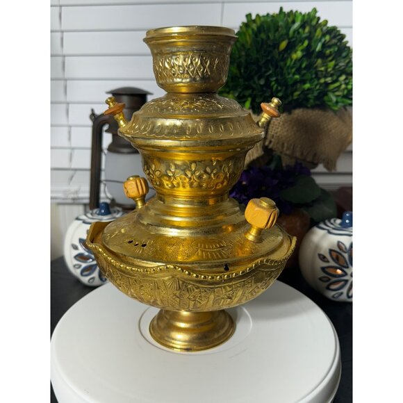 Vintage Brass 3 Piece Samovar Tea Urn With Intricate Detailing & Wooden Handles - Picture 2 of 2